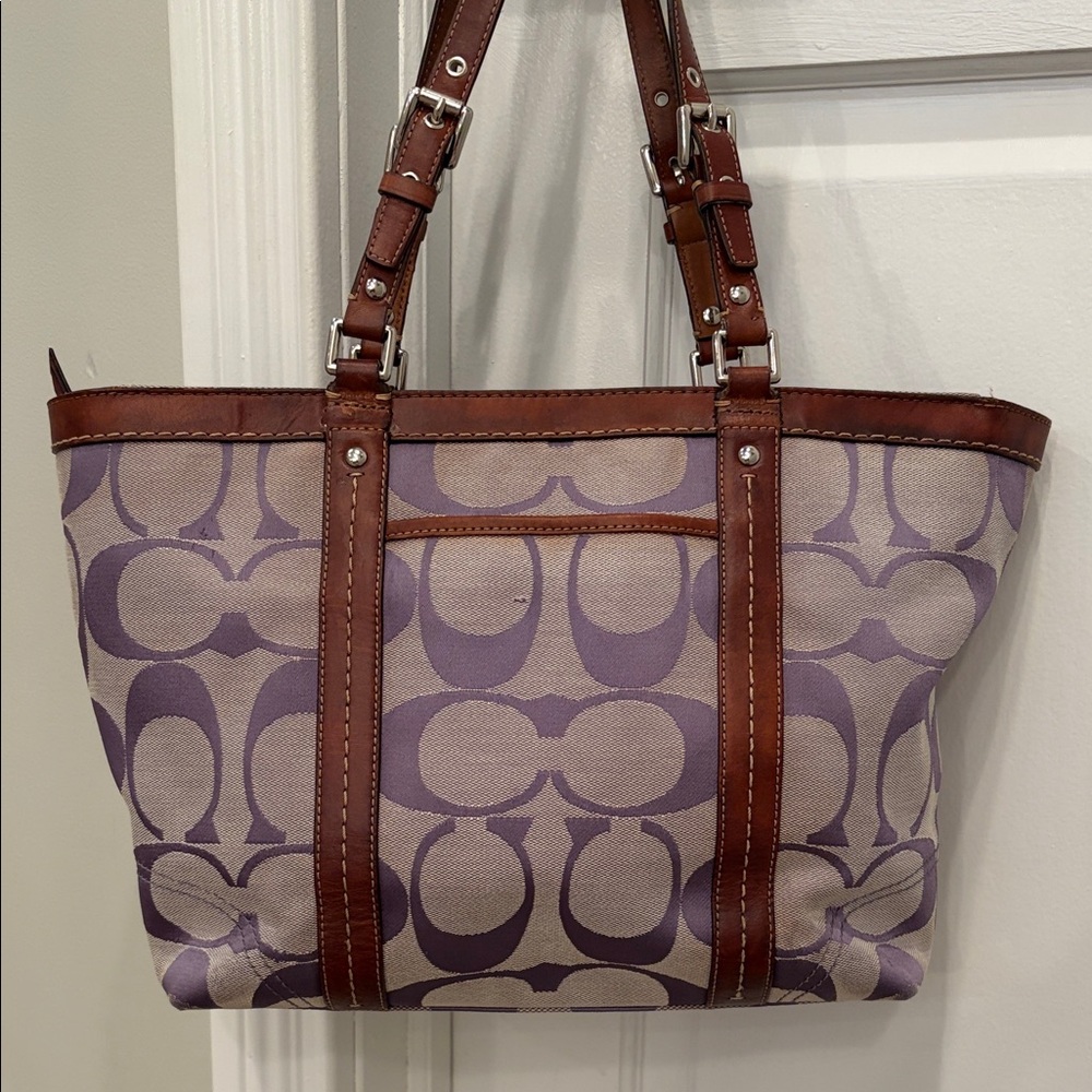 Y2K 💜 Purple Signature Jacquard Coach Tote Bag F13097 Rare Color - Picture 4 of 8